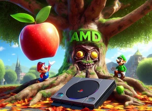 Два персонажа в цветовом лесу стоят около дерева с логотипом AMD и яблоком.