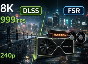 Логотипы графических карт GeForce и Radeon на фоне городского пейзажа ночью.