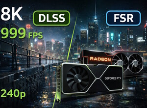 Логотипы графических карт GeForce и Radeon на фоне городского пейзажа ночью.