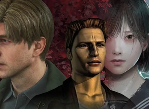 Трое персонажей из видеоигр на фоне красных листьев.