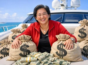 Лиза Су из АМД улыбается на яхте, окружённая мешками с деньгами.