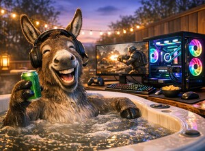 Осел в наушниках улыбается, держа банку, в джакузи рядом с игровым компьютером.