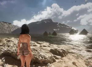 Женщина в купальнике стоит на берегу моря, смотрит на горы и облака.