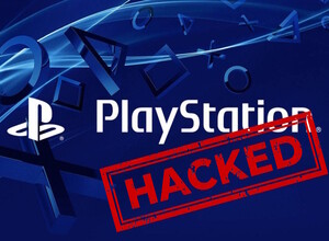 Логотип PlayStation с красной печатью "HACKED" на синем фоне.