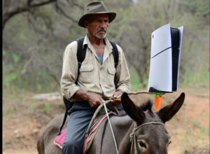Мужчина в шляпе едет на осле, на которого прикреплён белый лист бумаги.