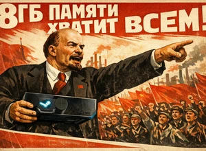 Ленин с колонкой в руке обращается к толпе, на фоне красные флаги.