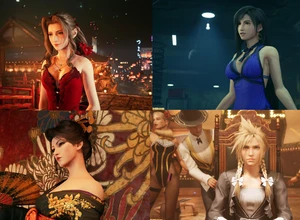 Четыре персонажа в разных нарядах на фоне ярких сцен.