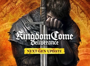 Логотип игры Kingdom Come: Deliverance, мужчина с мечом на фоне красного орнамента.