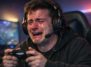 Молодой человек с микрофоном, плача и играя на консоли.