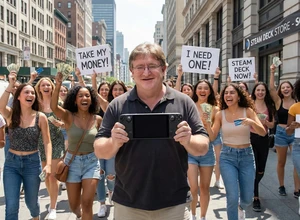 Мужчина с планшетом на фоне группы людей с плакатами на улице.