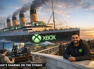 На фоне океана плывёт лайнер «Титаник» с логотипом Xbox, рядом человек в свитере.
