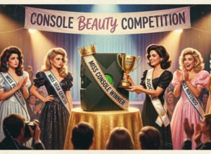 Шесть женщин в вечерних платьях на конкурсе красоты, одна из них держит трофей.