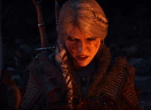 Женщина с длинными светлыми волосами в тёмной одежде, смотрит вниз, вокруг ночной лес.