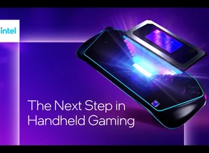 Логотип Intel и портативное игровое устройство с ярким подсветкой на фоновом градиенте.