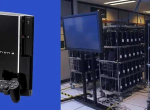 Игровая консоль PlayStation 3 с контроллером рядом с серверной оборудования.