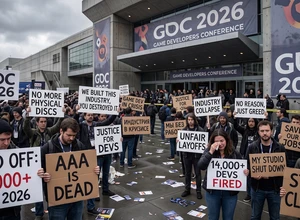 Толпа людей с плакатами на фоне здания GDC 2026. Обстановка протестная.