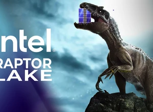 Динозавр с коробкой на фоне облачного неба, рядом логотип Intel и надпись Raptor Lake.