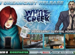 Женщина с телефоном и мужчина с испуганным выражением лица на фоне игры White Creek.
