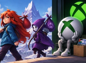 Три персонажа в яркой одежды идут по горной тропе к логотипу Xbox.