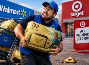 Мужчина в униформе Walmart держит коробку с видеоигрой и выглядит обеспокоенным на фоне магазинов.