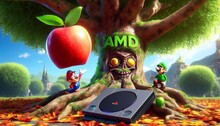 Два персонажа в цветовом лесу стоят около дерева с логотипом AMD и яблоком.