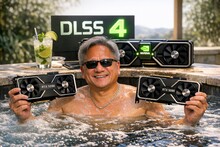 Мужчина в очках сидит в джакузи, держит две видеокарты, на фоне надпись "DLSS 4".