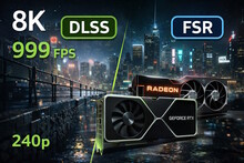 Логотипы графических карт GeForce и Radeon на фоне городского пейзажа ночью.