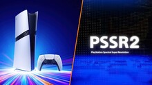 Консоль PlayStation 5 и контроллер на фоне синего света. Логотип PSSR2.