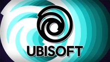 Логотип Ubisoft с вихреобразным узором в фоновом цвете градиента от голубого до тёмно-синего.