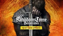 Логотип игры Kingdom Come: Deliverance, мужчина с мечом на фоне красного орнамента.