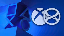 Логотипы PlayStation, Xbox и другого бренда на синем фоне.