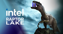 Динозавр с коробкой на фоне облачного неба, рядом логотип Intel и надпись Raptor Lake.