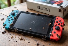На столе находится консоль Nintendo Switch 2, окруженная насекомыми.