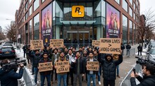 Группа людей с плакатами протестует у здания компании Rockstar Games.