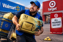 Мужчина в униформе Walmart держит коробку с видеоигрой и выглядит обеспокоенным на фоне магазинов.