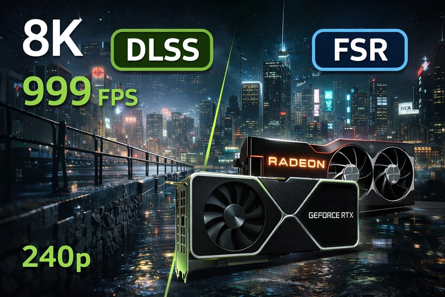 Логотипы графических карт GeForce и Radeon на фоне городского пейзажа ночью.