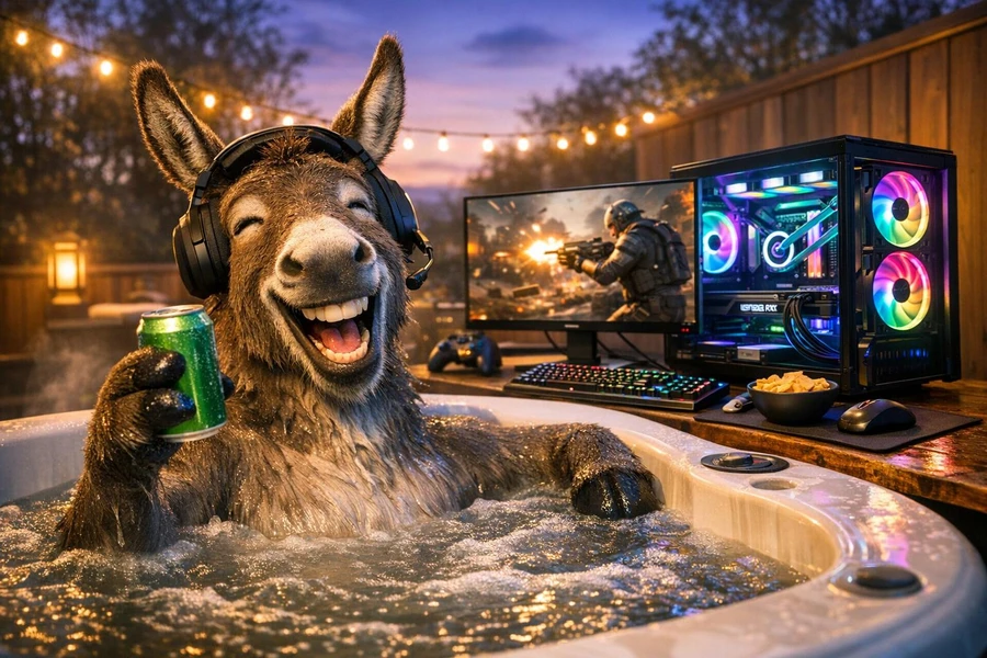 Осел в наушниках улыбается, держа банку, в джакузи рядом с игровым компьютером.