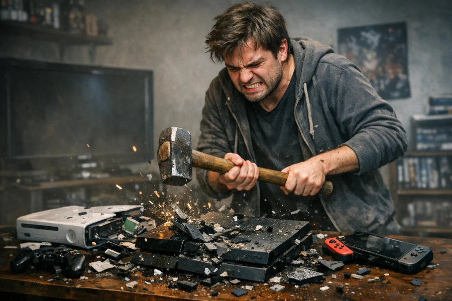 Мужчина в потёртой толстовке с яростью разбивает игровые приставки молотом.