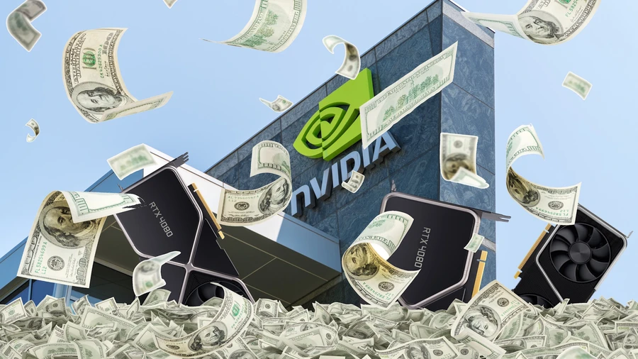 Здание с логотипом Nvidia на фоне летающих долларов и видеокарт.