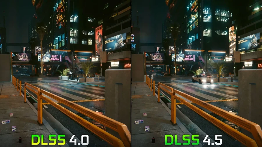 Скриншот: сравнение графики DLSS 4. и DLSS 4.5 в городской ночной сцене.