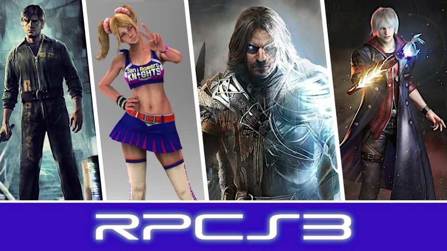 Логотип RPCS3 с изображениями персонажей из видеоигр на фоне.