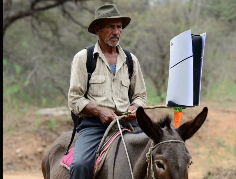 Мужчина в шляпе едет на осле, на которого прикреплён белый лист бумаги.