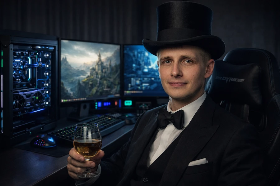 Мужчина в цилиндре и смокинге держит бокал с напитком на фоне компьютеров.