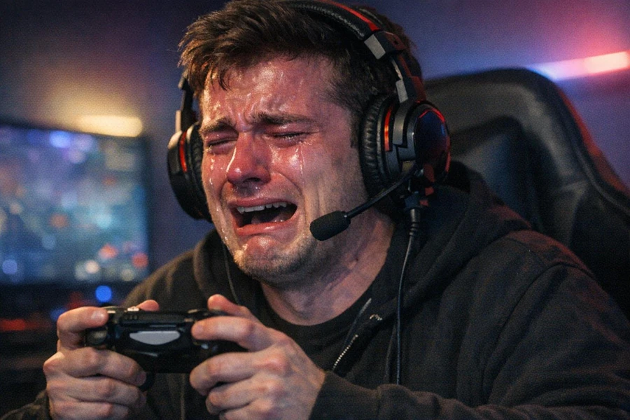 Молодой человек с микрофоном, плача и играя на консоли.