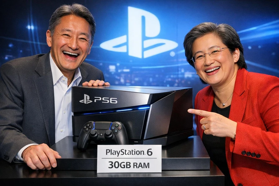 Двое людей улыбаются рядом с консолью PlayStation 6 на фоне яркой сцены.