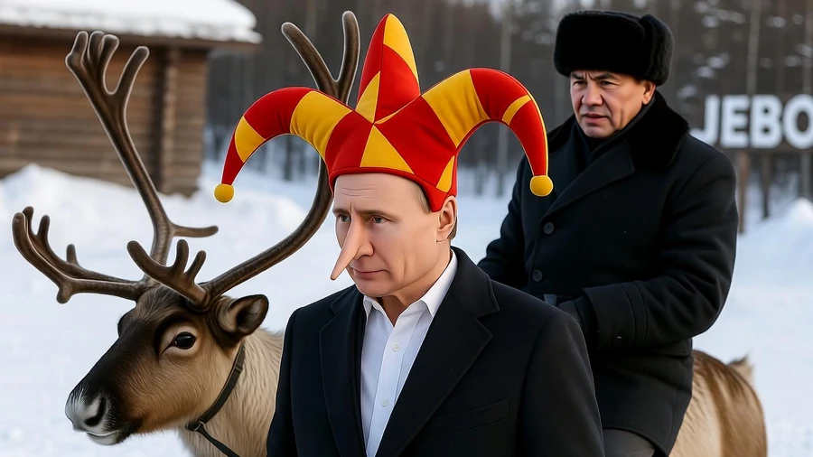 Мужчина в шапке-шуте с длинным носом, рядом с ним другой мужчина на олене, снег.