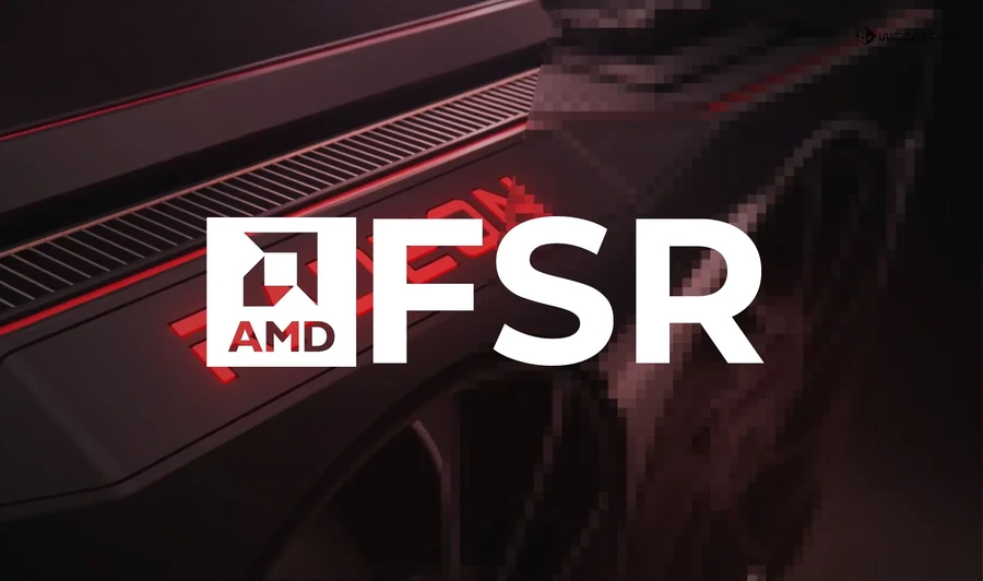 Логотип AMD FSR на фоне графической карты.