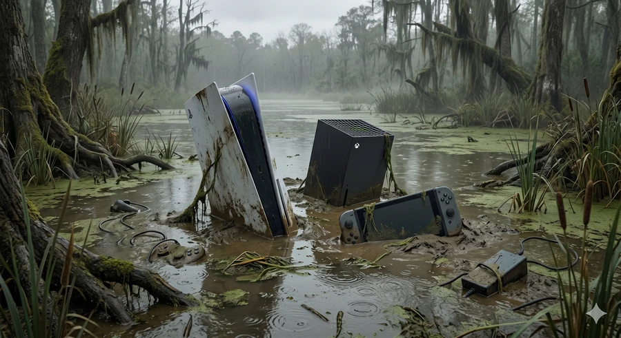 Затопленные консоли и устройства в грязном болоте среди мохнатых деревьев.