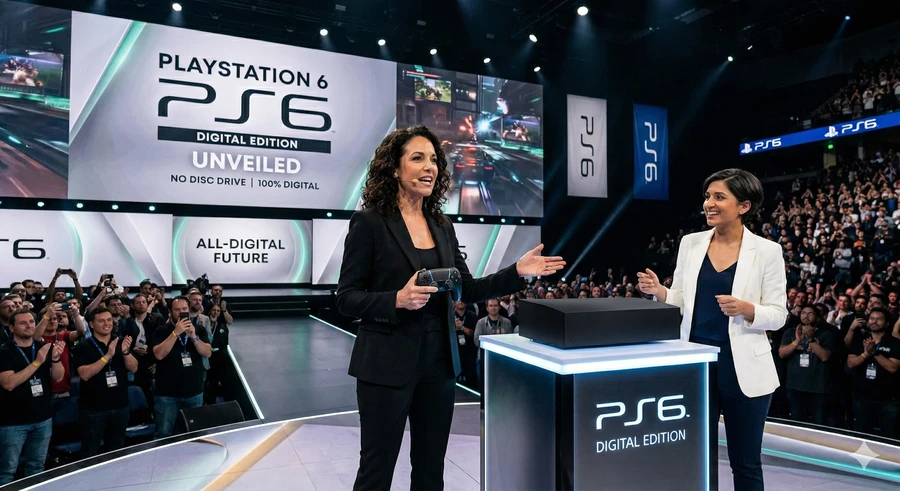 Женщины на сцене презентации PlayStation, зрители applaud.