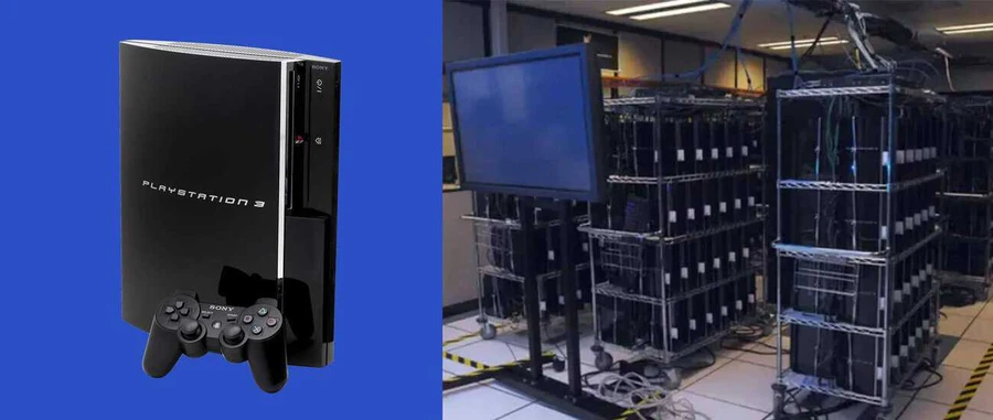 Игровая консоль PlayStation 3 с контроллером рядом с серверной оборудования.
